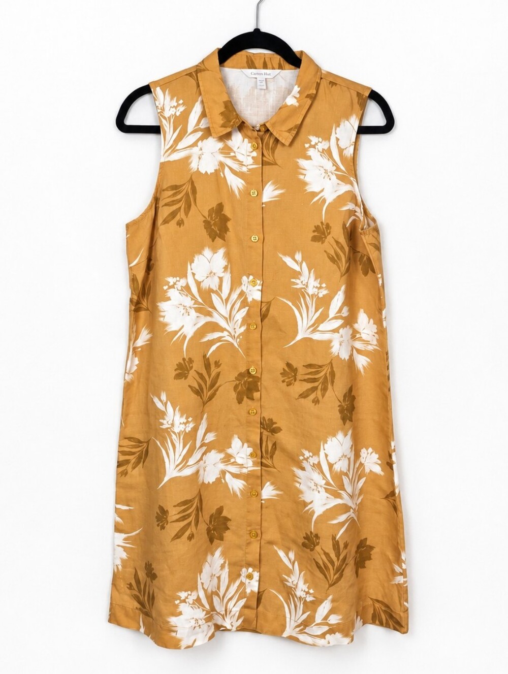Garnet Hill Linen Floral Shirt Dress Mustard Sleeveless Coastal Grandmother 10